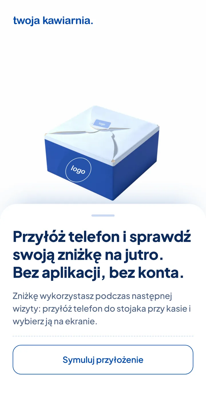 Ekran startowy: zamknięte pudełko i prośba o przyłożenie telefonu