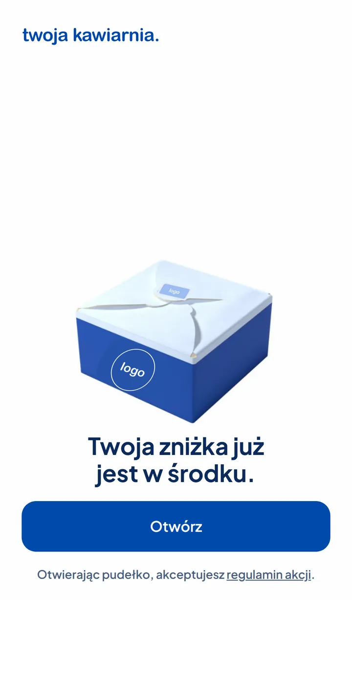 Pudełko po przyłożeniu telefonu, z przyciskiem Otwórz i linkiem do regulaminu