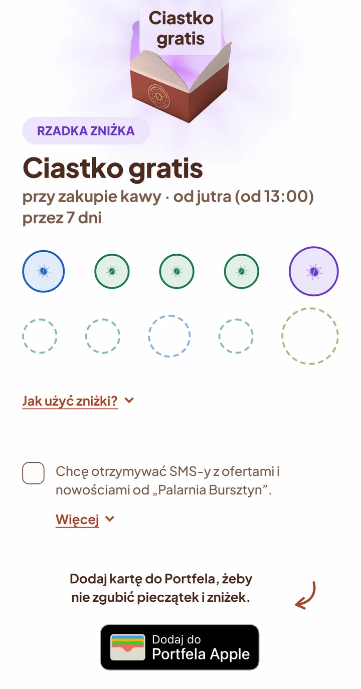 Otwarte pudełko ze zniżką, karta na dziesięć pieczątek, zgoda marketingowa i przycisk Dodaj do Portfela Apple