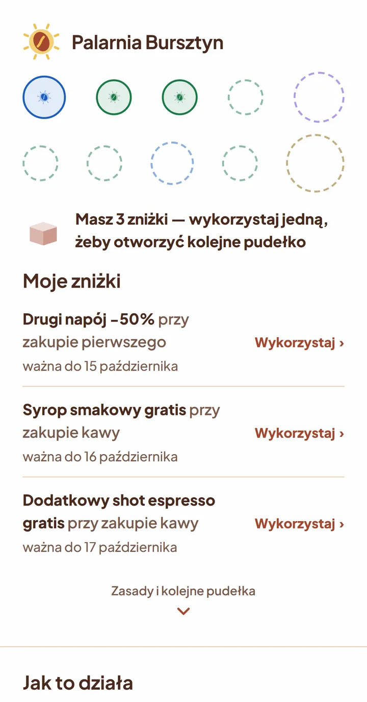 Lista zniżek gościa z datami ważności i przyciskiem Wykorzystaj