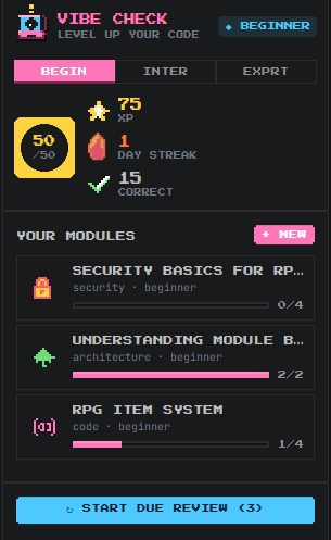 VibeCheck home — XP, streak and your code modules