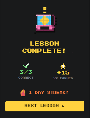 VibeCheck lesson complete screen
